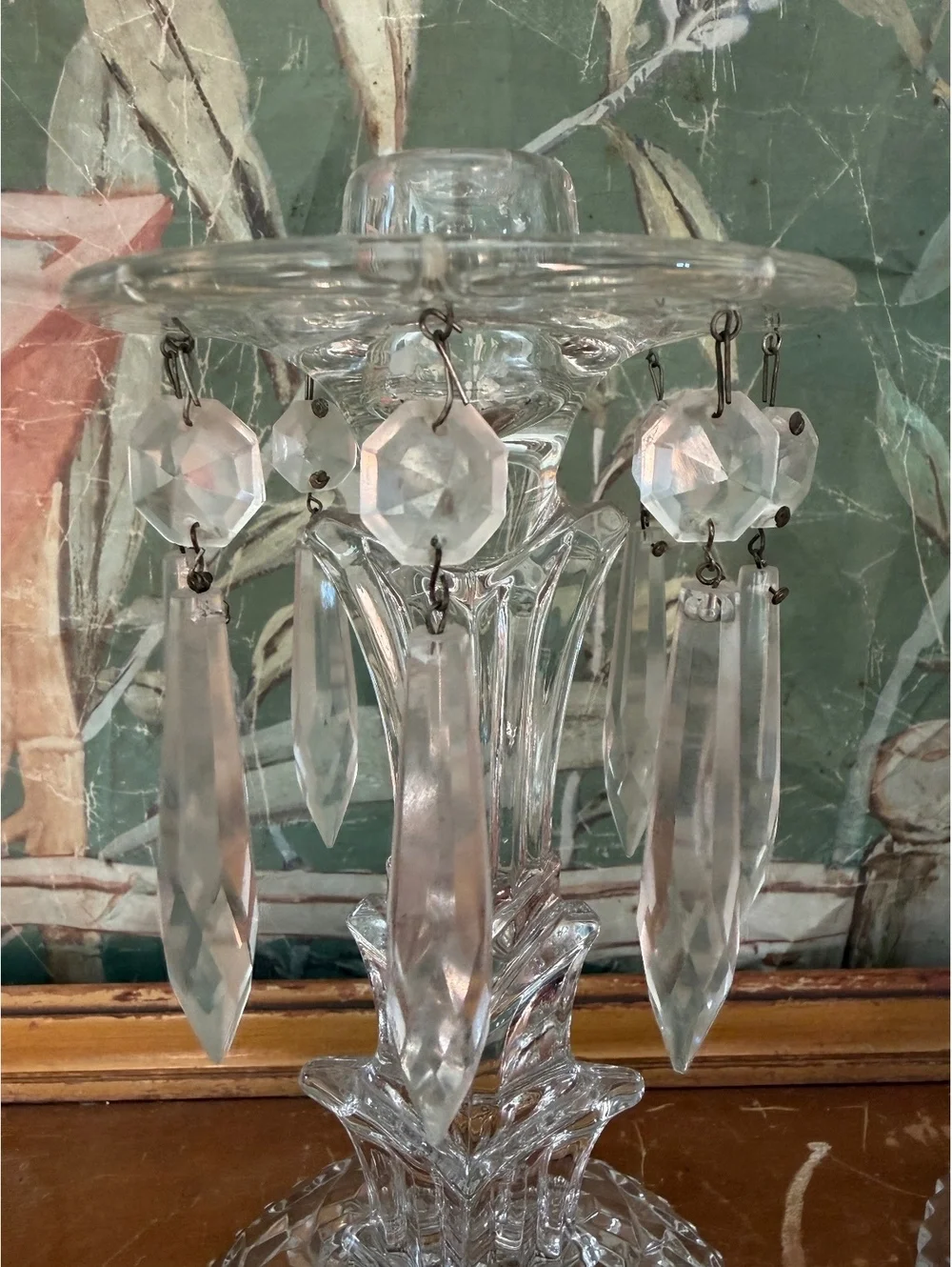 Pair of Vintage Glass Candelabra Candle Holders with Hanging Prisms
